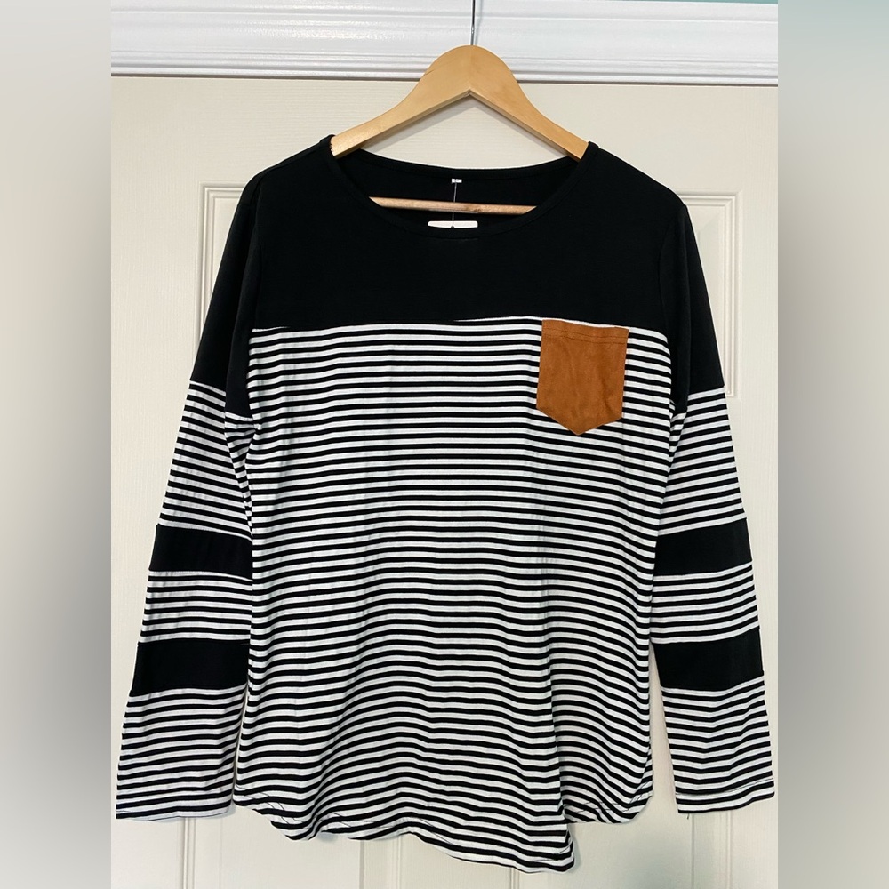 Black and White Striped Long Sleeve Shirt with Brown Pocket